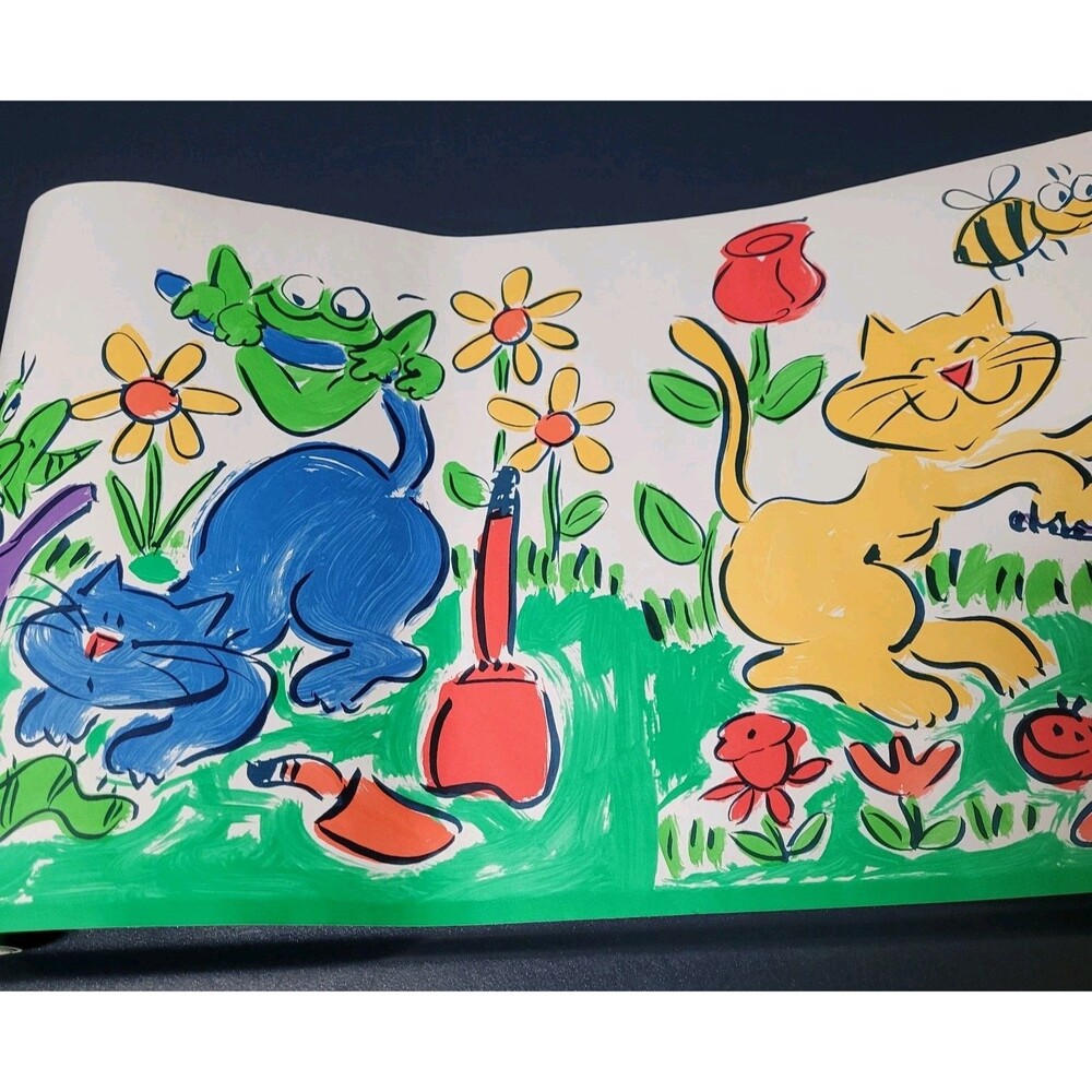 Seabrook Designs Vintage Vinyl Border Wallpaper 3 Rolls Colorful Cats Flowers